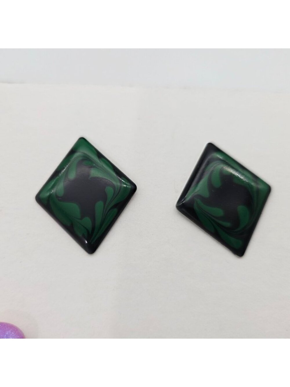 Diamond-Shaped Green & Black Enamel Swirl Post Earrings 1" Vintage